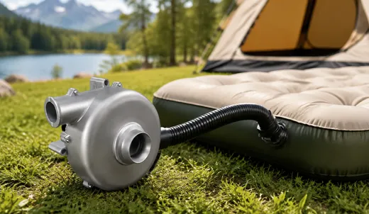 Blower inflating outdoor camping air mattress next to a tent